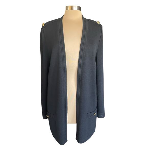 St. John Basics Black Santana Knit Long Cardigan Sz LARGE Crest Buttons Epaulet - Picture 1 of 10
